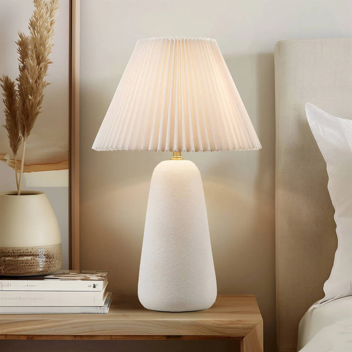 Textured Ceramic Table Lamp with Fluted Fabric Shade White - okeli lights