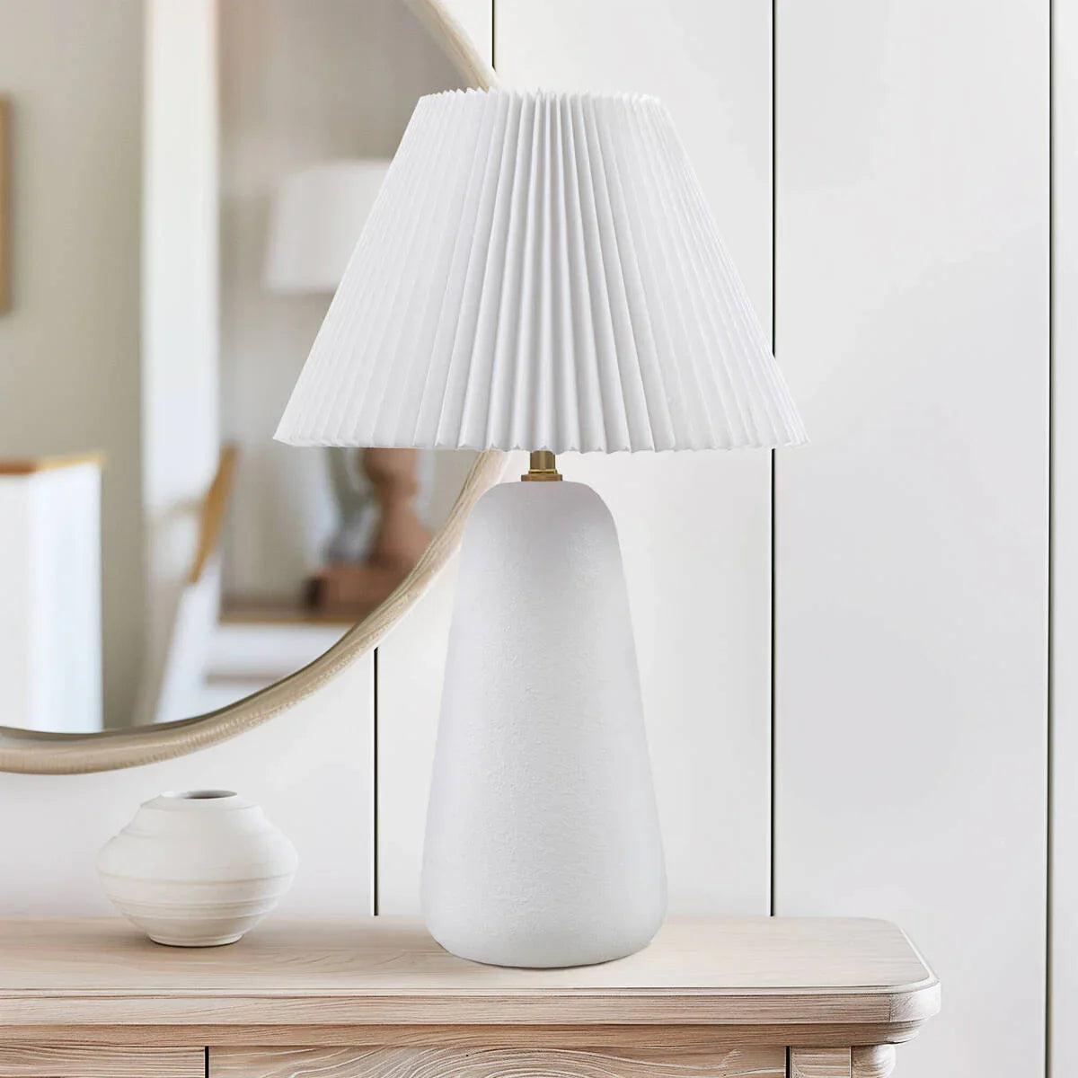Textured Ceramic Table Lamp with Fluted Fabric Shade White - okeli lights
