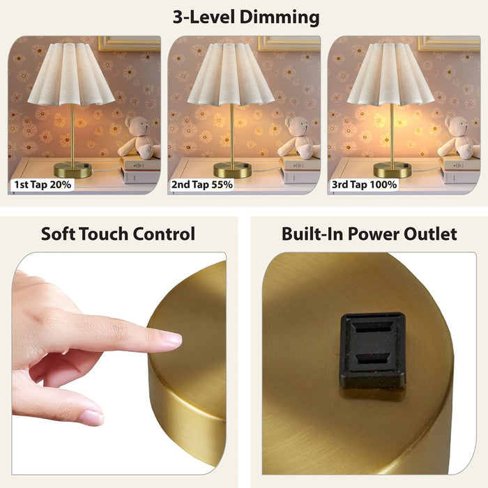 Touch Control Dimmable Accent Table Lamp with Built-In Power Outlet Gold Base with Pleated Tapered Shade