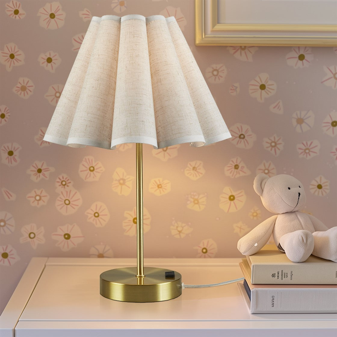 Touch Control Dimmable Accent Table Lamp with Built-In Power Outlet Gold Base with Pleated Tapered Shade