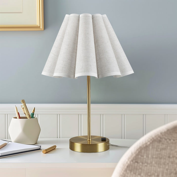 Touch Control Dimmable Accent Table Lamp with Built-In Power Outlet Gold Base with Pleated Tapered Shade