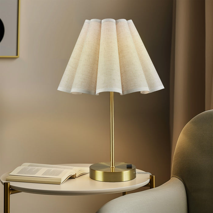 Touch Control Dimmable Accent Table Lamp with Built-In Power Outlet Gold Base with Pleated Tapered Shade
