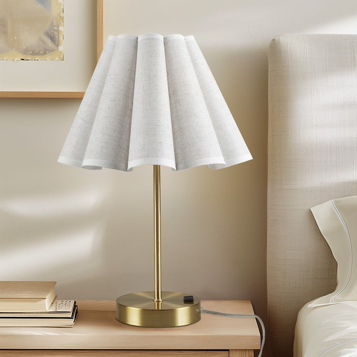 Touch Control Dimmable Accent Table Lamp with Built-In Power Outlet Gold Base with Pleated Tapered Shade