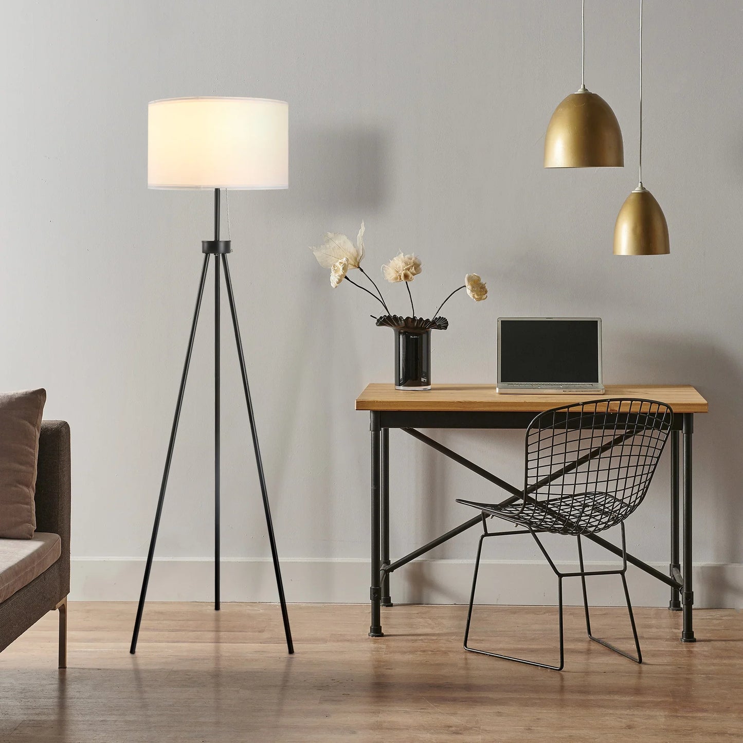 Tripod Floor Lamp with Pull Chain Standing Fabric Lampshade E26 Lamp Holder Steel - okeli lights