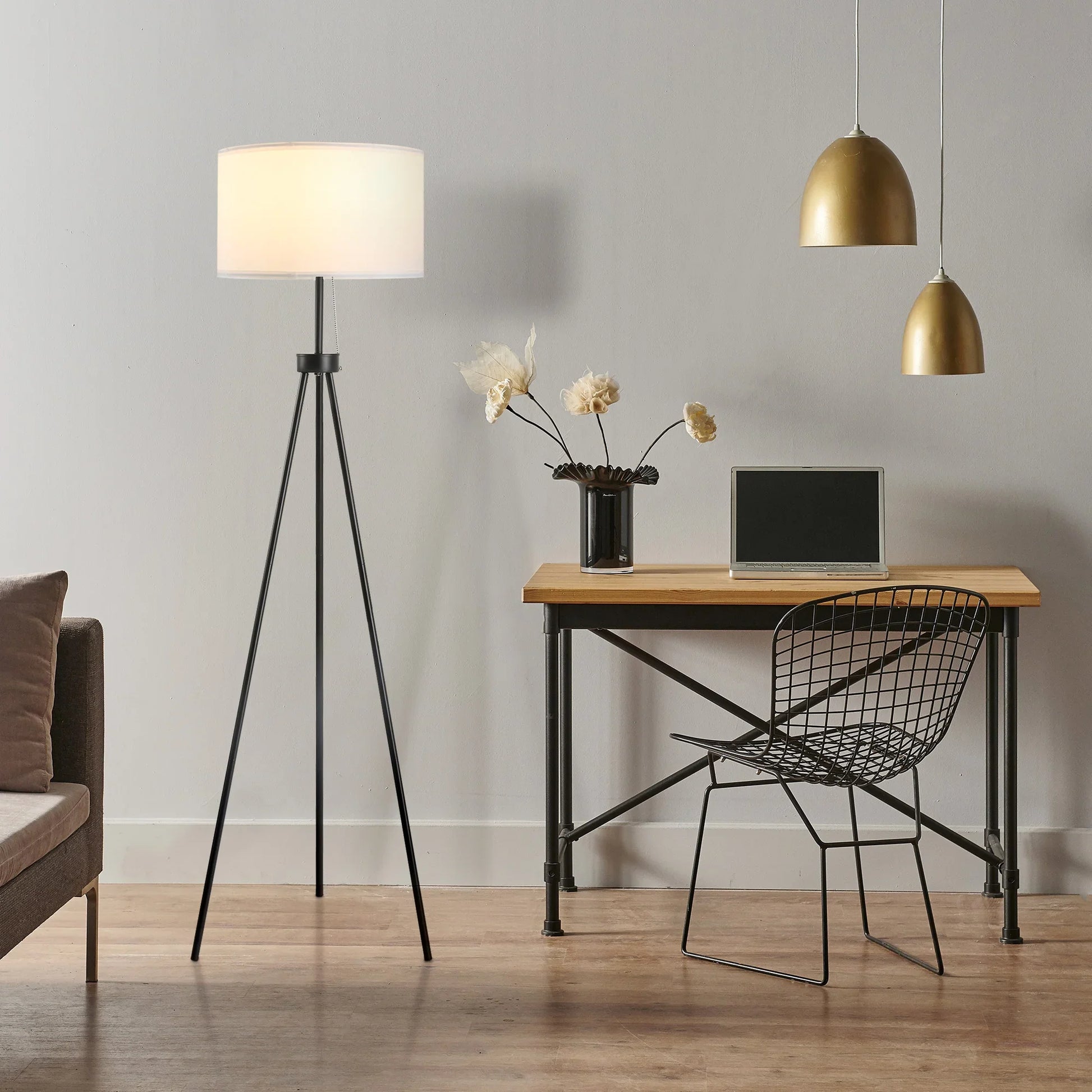Tripod Floor Lamp with Pull Chain Standing Fabric Lampshade E26 Lamp Holder Steel - okeli lights