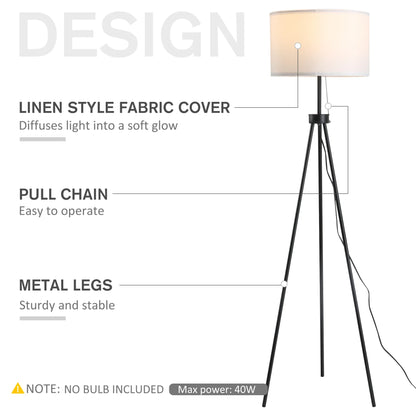 Tripod Floor Lamp with Pull Chain Standing Fabric Lampshade E26 Lamp Holder Steel - okeli lights