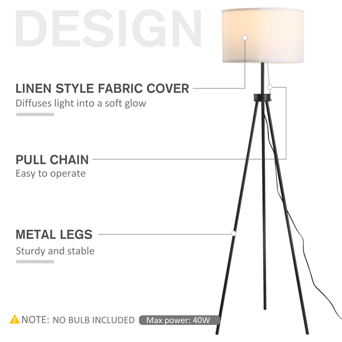 Tripod Floor Lamp with Pull Chain Standing Fabric Lampshade E26 Lamp Holder Steel