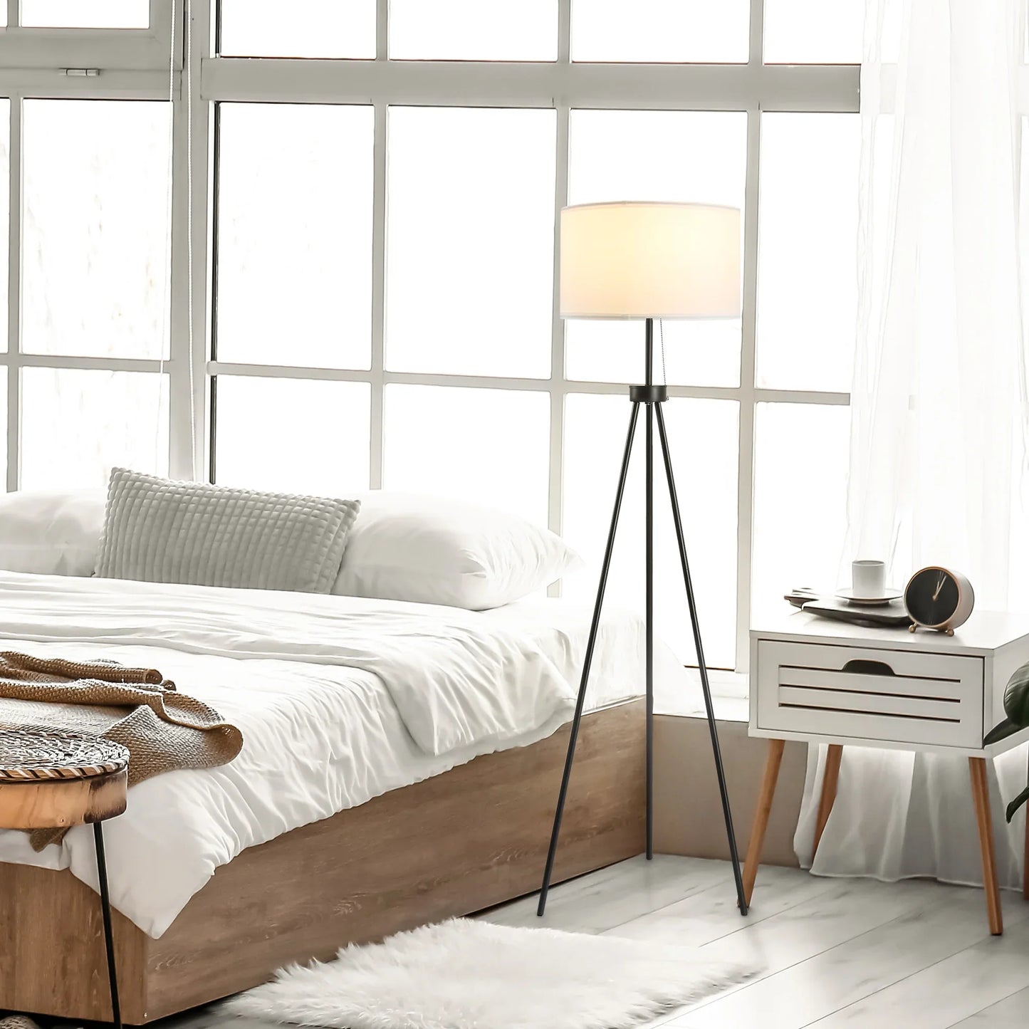 Tripod Floor Lamp with Pull Chain Standing Fabric Lampshade E26 Lamp Holder Steel - okeli lights