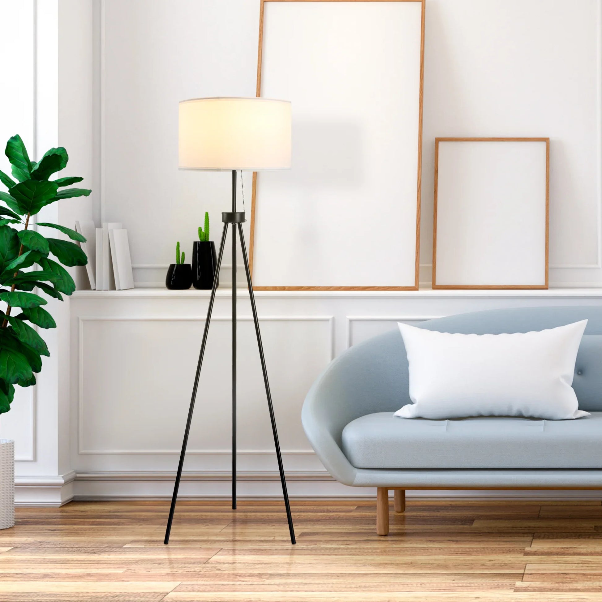 Tripod Floor Lamp with Pull Chain Standing Fabric Lampshade E26 Lamp Holder Steel - okeli lights