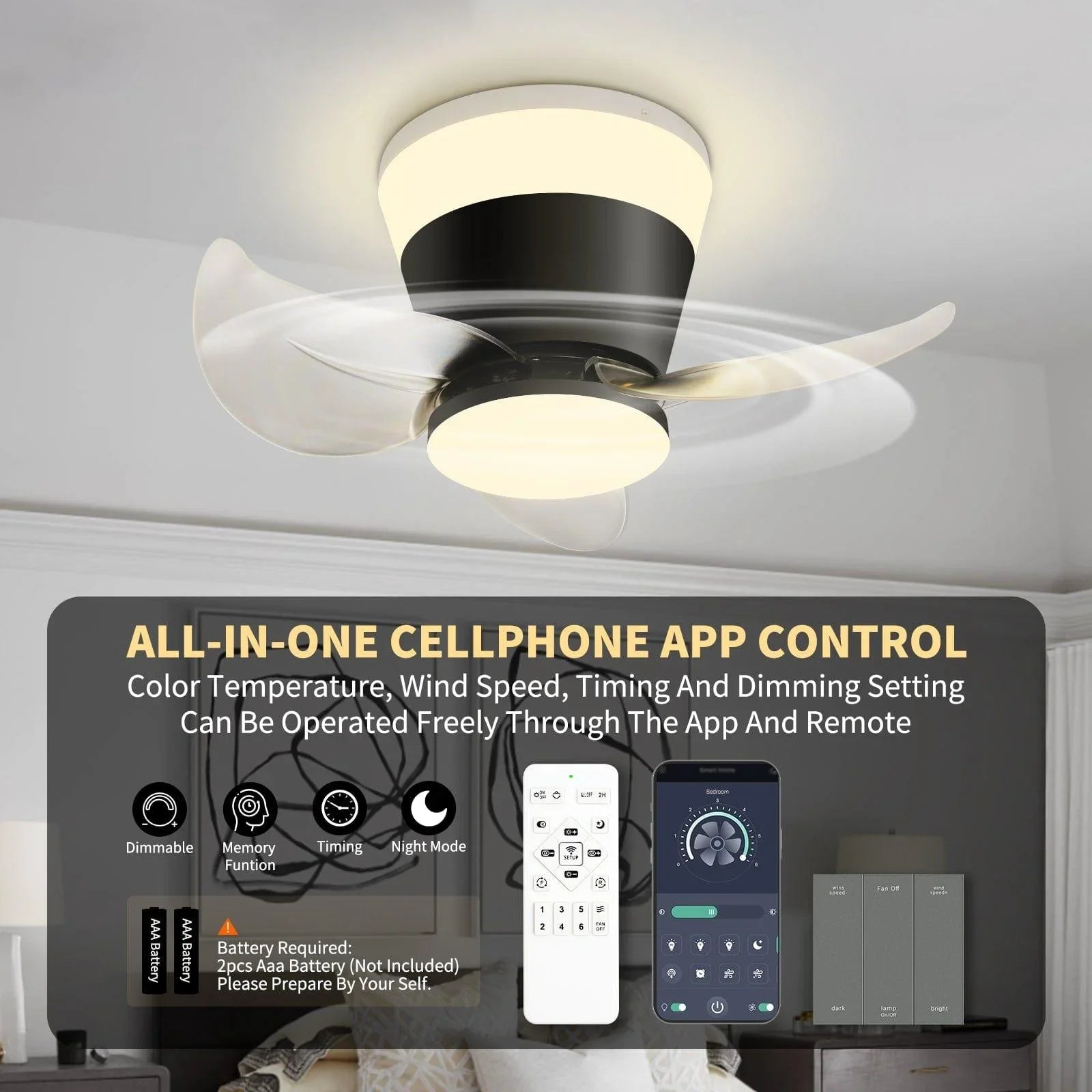 OKELI Modern Small Ceiling Fan with Light and Remote Black APP Control - okeli lights