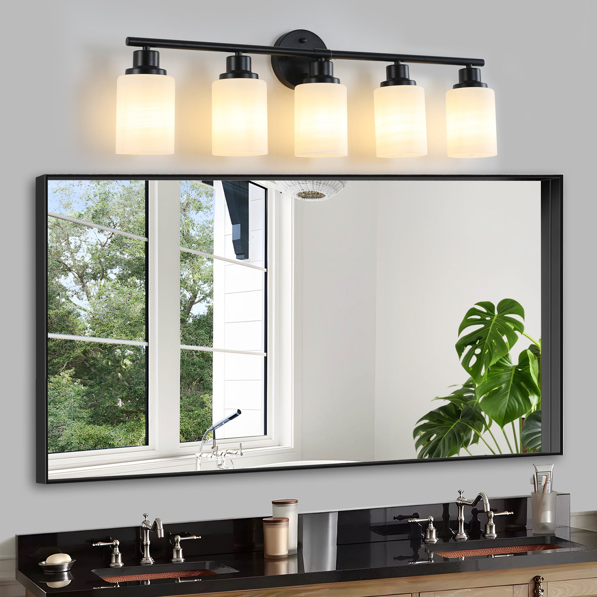 Vanity Wall Sconce Frosted Glass Shades for Bathroom or Hallway Lighting 4-5-6-8Light Black / 5-lights