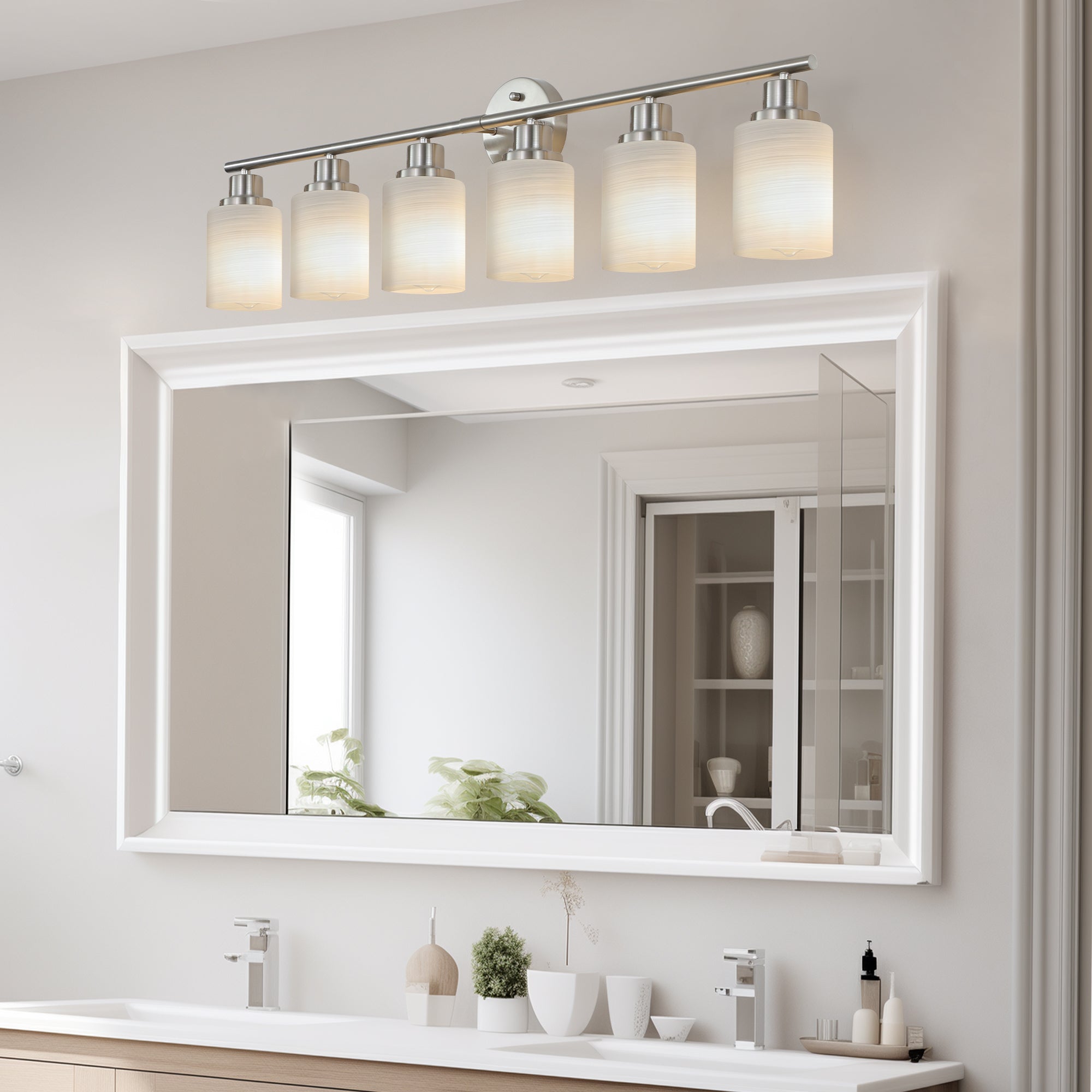 Vanity Wall Sconce Frosted Glass Shades for Bathroom or Hallway Lighting 4-5-6-8Light Brushed Nickel / 6-lights