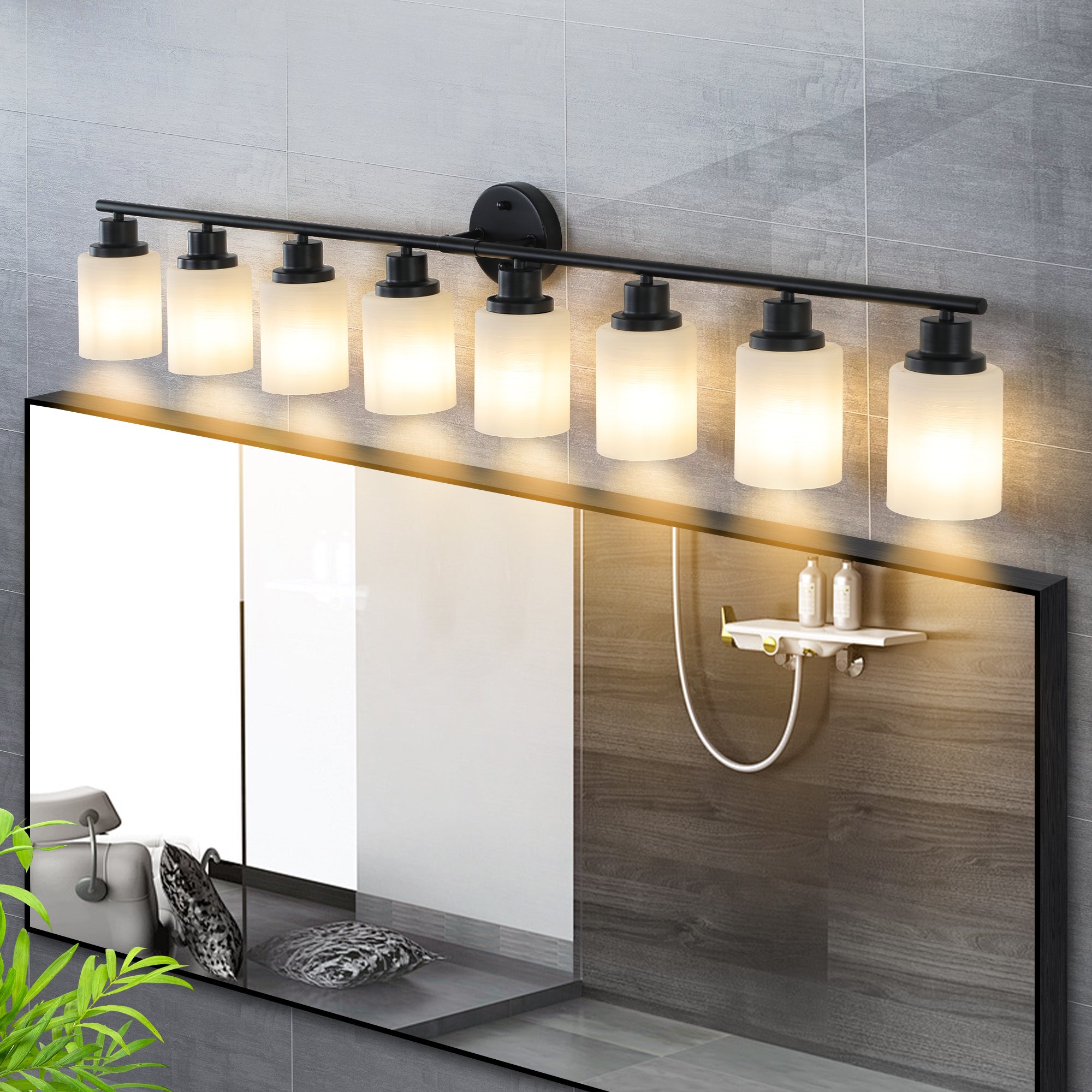Vanity Wall Sconce Frosted Glass Shades for Bathroom or Hallway Lighting 4-5-6-8Light Black / 8-lights
