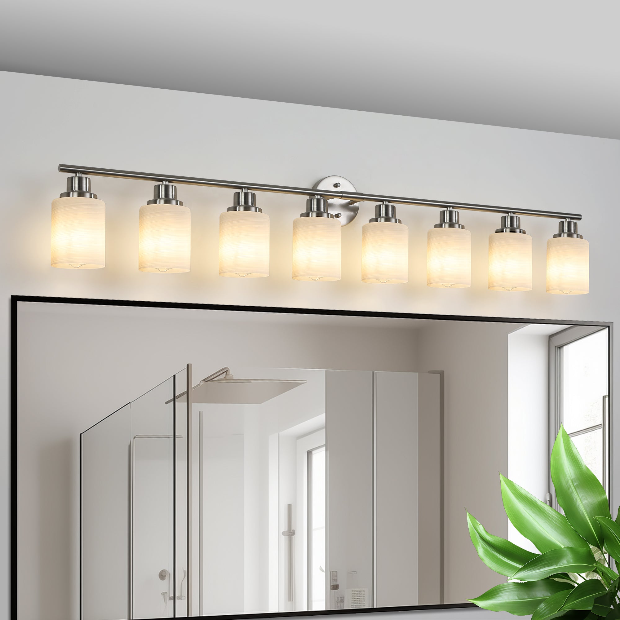 Vanity Wall Sconce Frosted Glass Shades for Bathroom or Hallway Lighting 4-5-6-8Light Brushed Nickel / 8-lights
