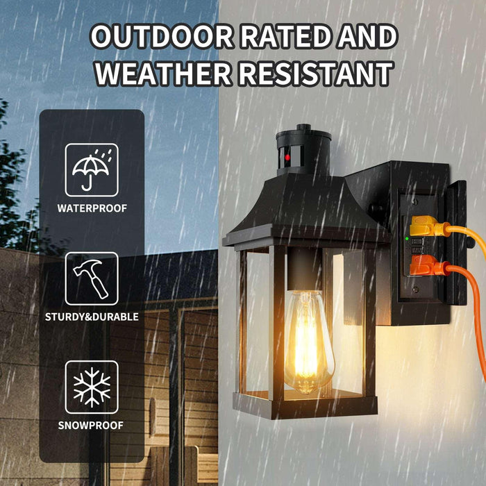 EDISHINE Outdoor Motion Sensor Porch Light With 2 GFCI Outlets – Dusk To Dawn – Black Modern Sconce