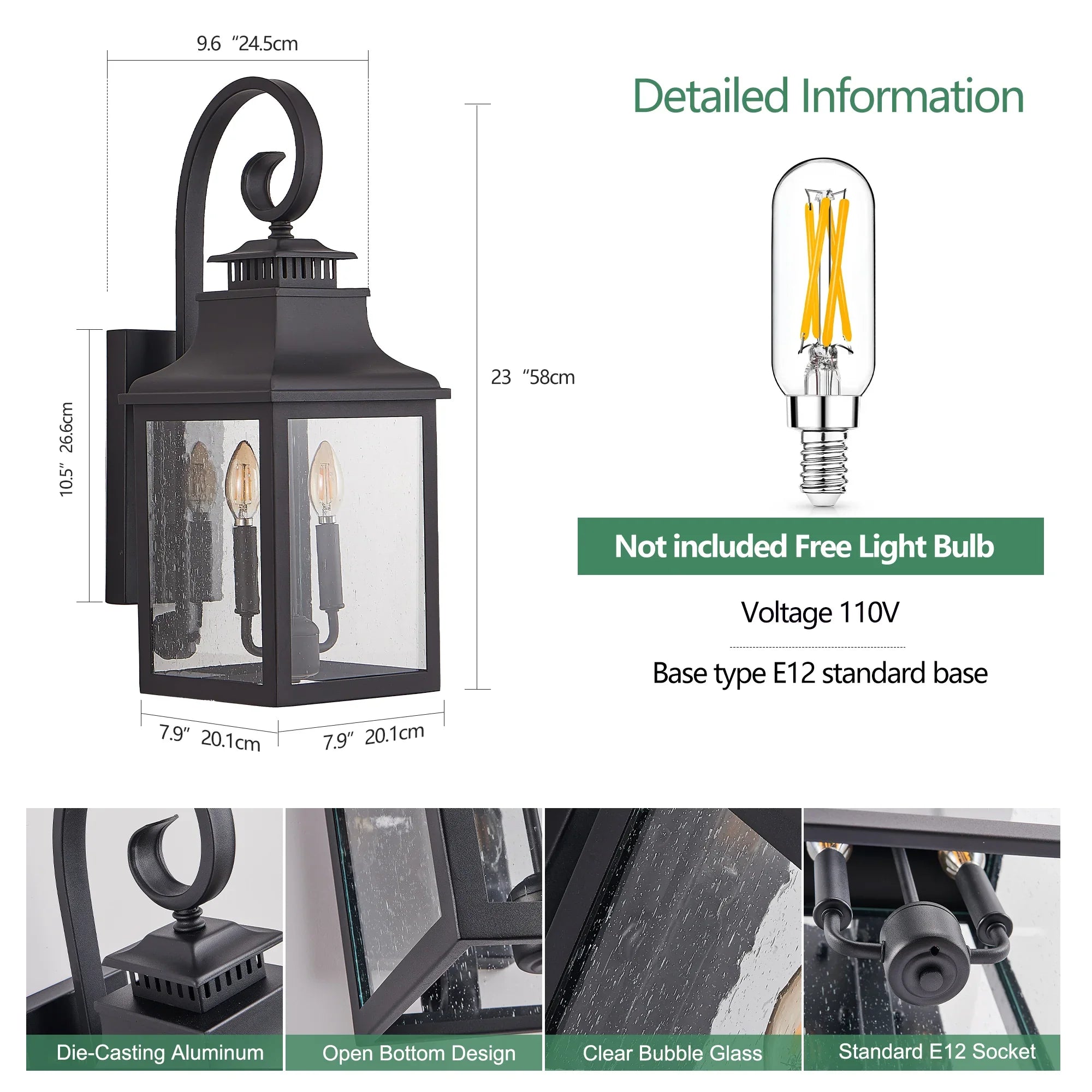 Outdoor Wall Lantern Light Vintage Black Metal Sconce with Clear Seeded Glass - okeli lights