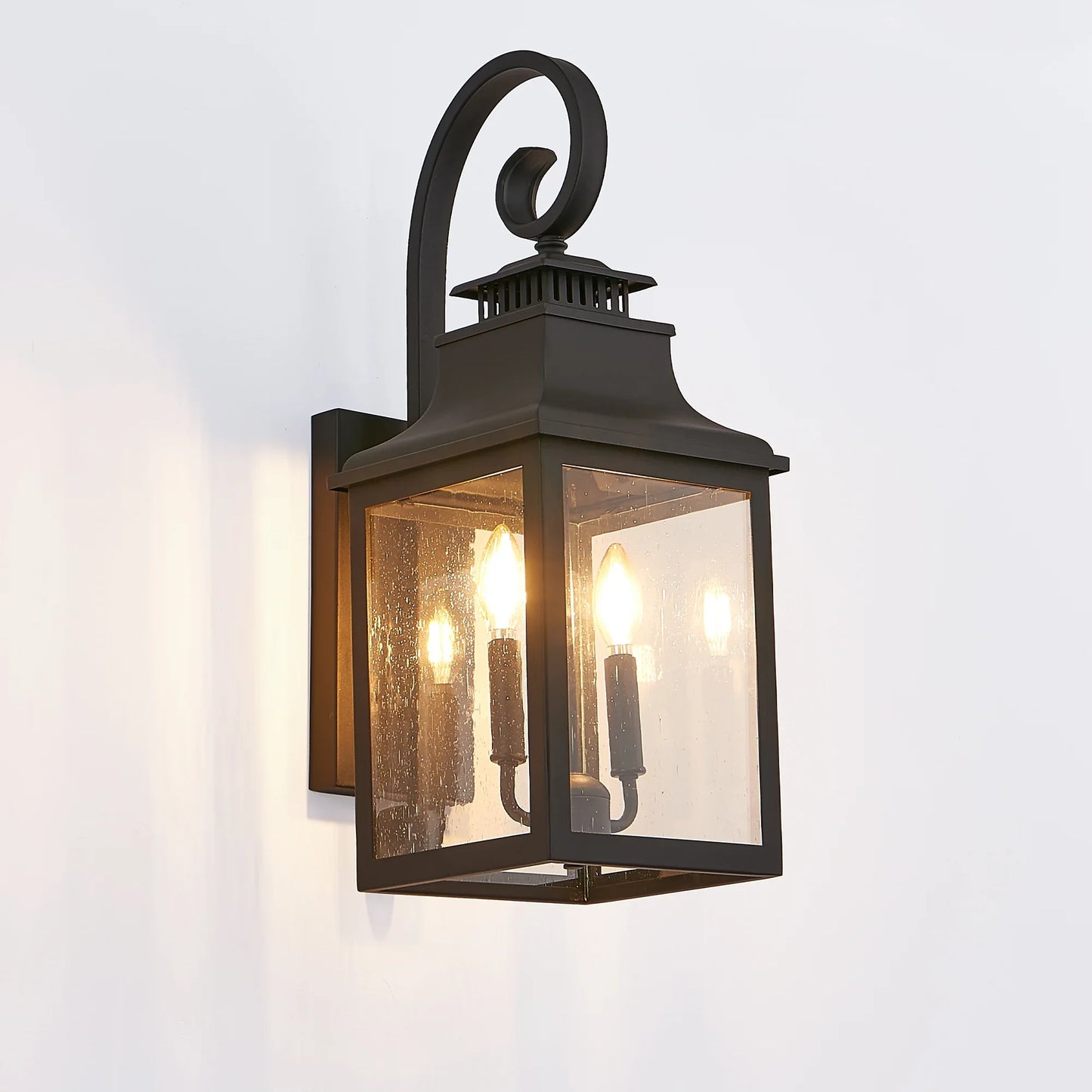 Outdoor Wall Lantern Light Vintage Black Metal Sconce with Clear Seeded Glass - okeli lights