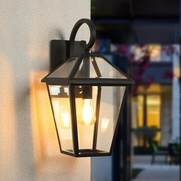 Outdoor Wall Lanterns Black Finish Weatherproof Wall Sconce with Clear Glass Panels Vintage Exterior Light Fixtures 2Pack - okeli lights