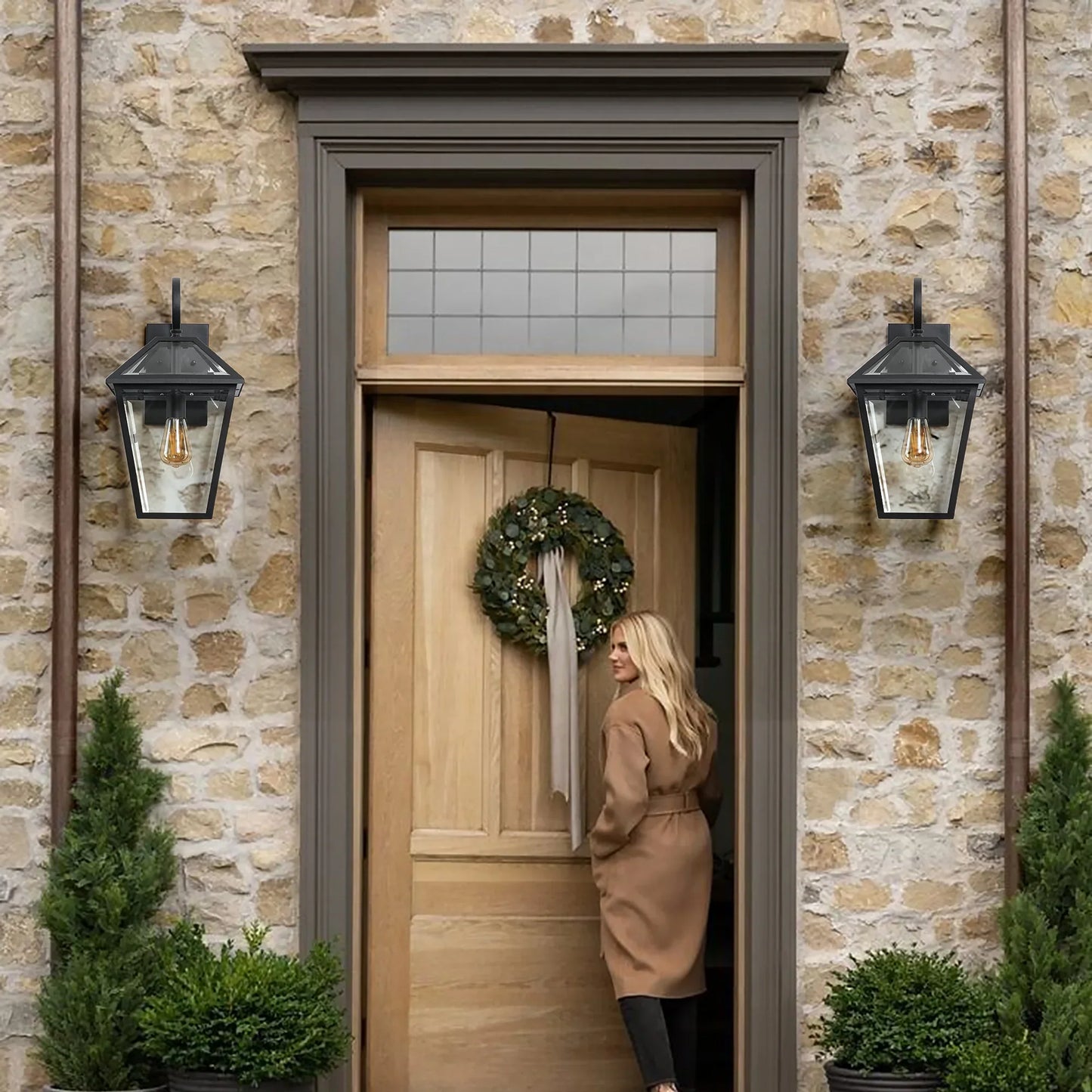 Outdoor Wall Lanterns Black Finish Weatherproof Wall Sconce with Clear Glass Panels Vintage Exterior Light Fixtures 2Pack - okeli lights