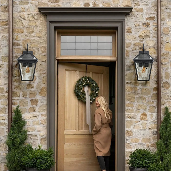 Outdoor Wall Lanterns Black Finish Weatherproof Wall Sconce with Clear Glass Panels Vintage Exterior Light Fixtures 2Pack - okeli lights