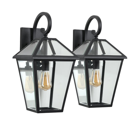 Outdoor Wall Lanterns Black Finish Weatherproof Wall Sconce with Clear Glass Panels Vintage Exterior Light Fixtures 2Pack - okeli lights