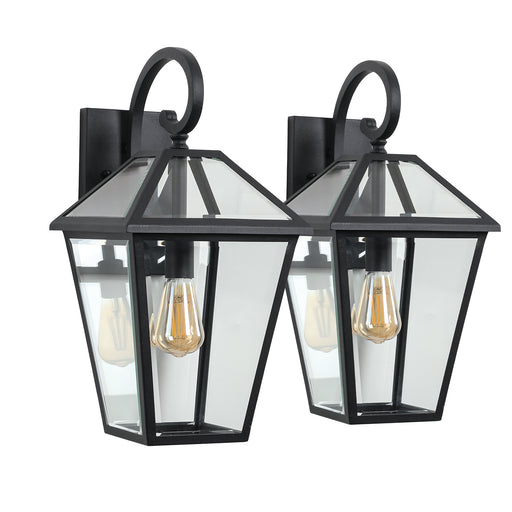 Pair of black outdoor wall lights with clear glass shades on a white background