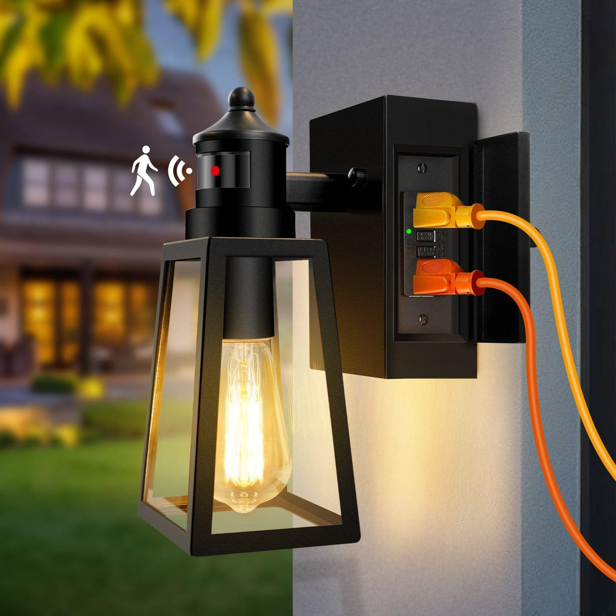 Porch Light with GFCI Outlet, Motion Sensor Outdoor Wall Lights — okeli