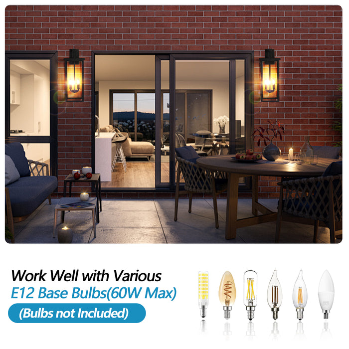 Outdoor Wall Lanterns Black Metal Frame Clear Glass Weatherproof Wall Sconces 4 E12 Bulb Socket - okeli lights
