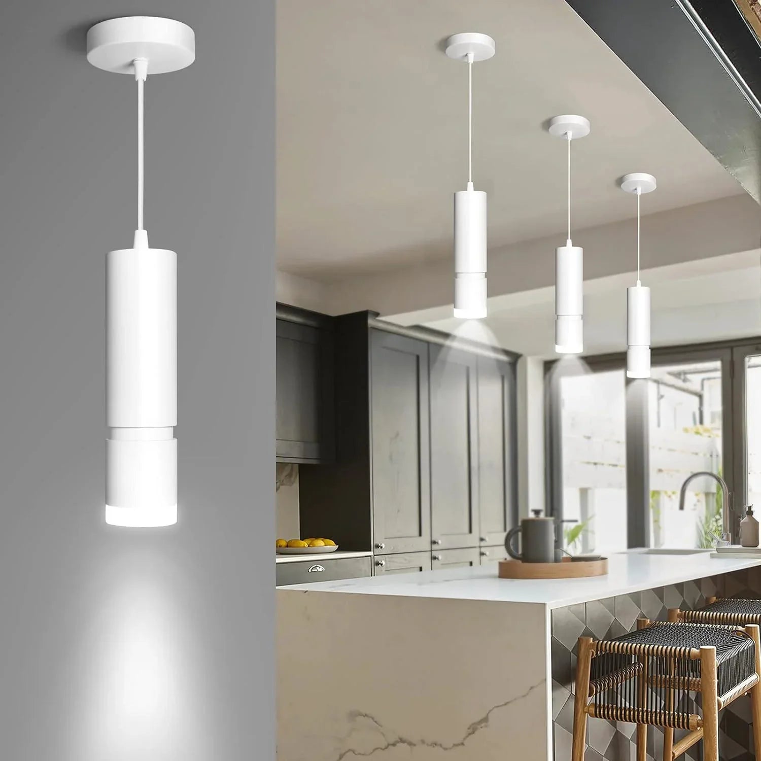 OKELI White Modern Pendant Lights LED Mini Kitchen Island Lights Adjustable Focus 1-Pack - okeli lights