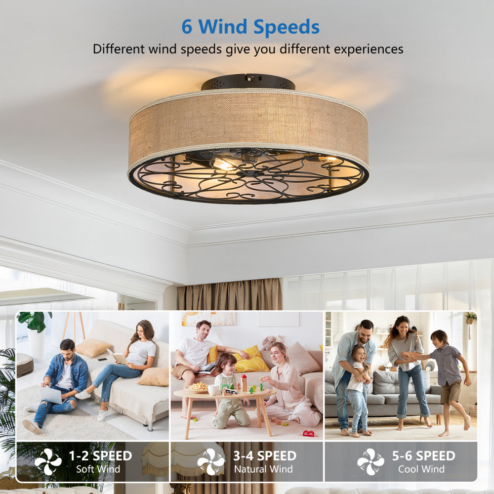 20-Inch Caged Ceiling Fans with Lights Flush Mount Low Profile Fabric Farmhouse Bladeless