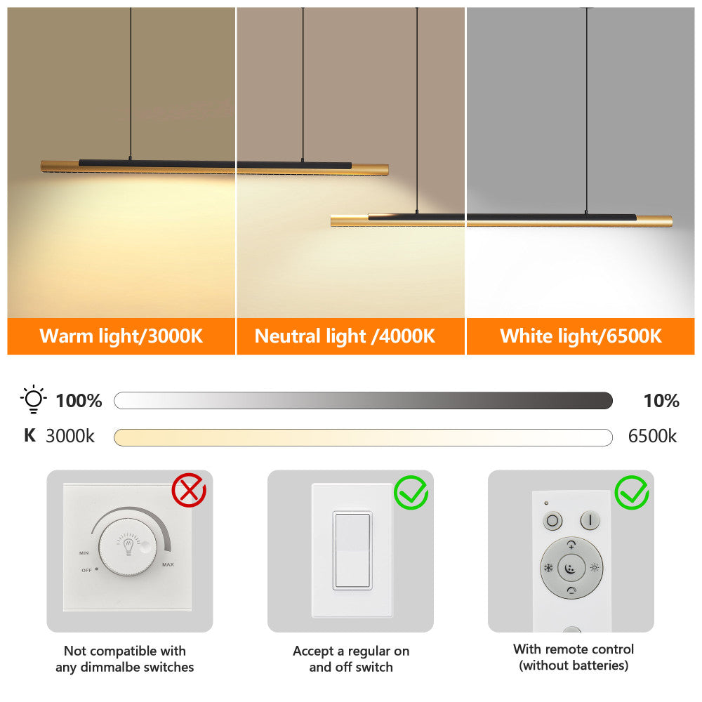 75" Modern Black & Gold LED Pendant Light – Adjustable Dual Tube Hanging Light for Dining Room & Kitchen
