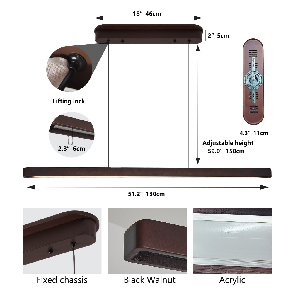 Modern Walnut Wood LED Pendant Light – Adjustable Linear Hanging Light for Dining Room, Kitchen & Living Room (39" / 51")