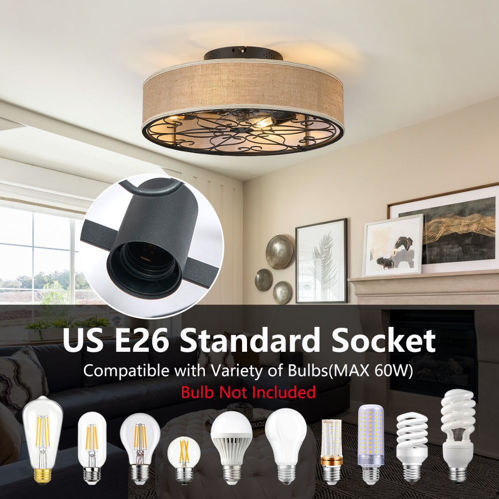 20-Inch Caged Ceiling Fans with Lights Flush Mount Low Profile Fabric Farmhouse Bladeless