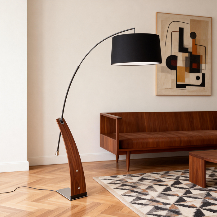 Mid-Century Modern Floor Lamp with Walnut Wood Frame and Marble Base