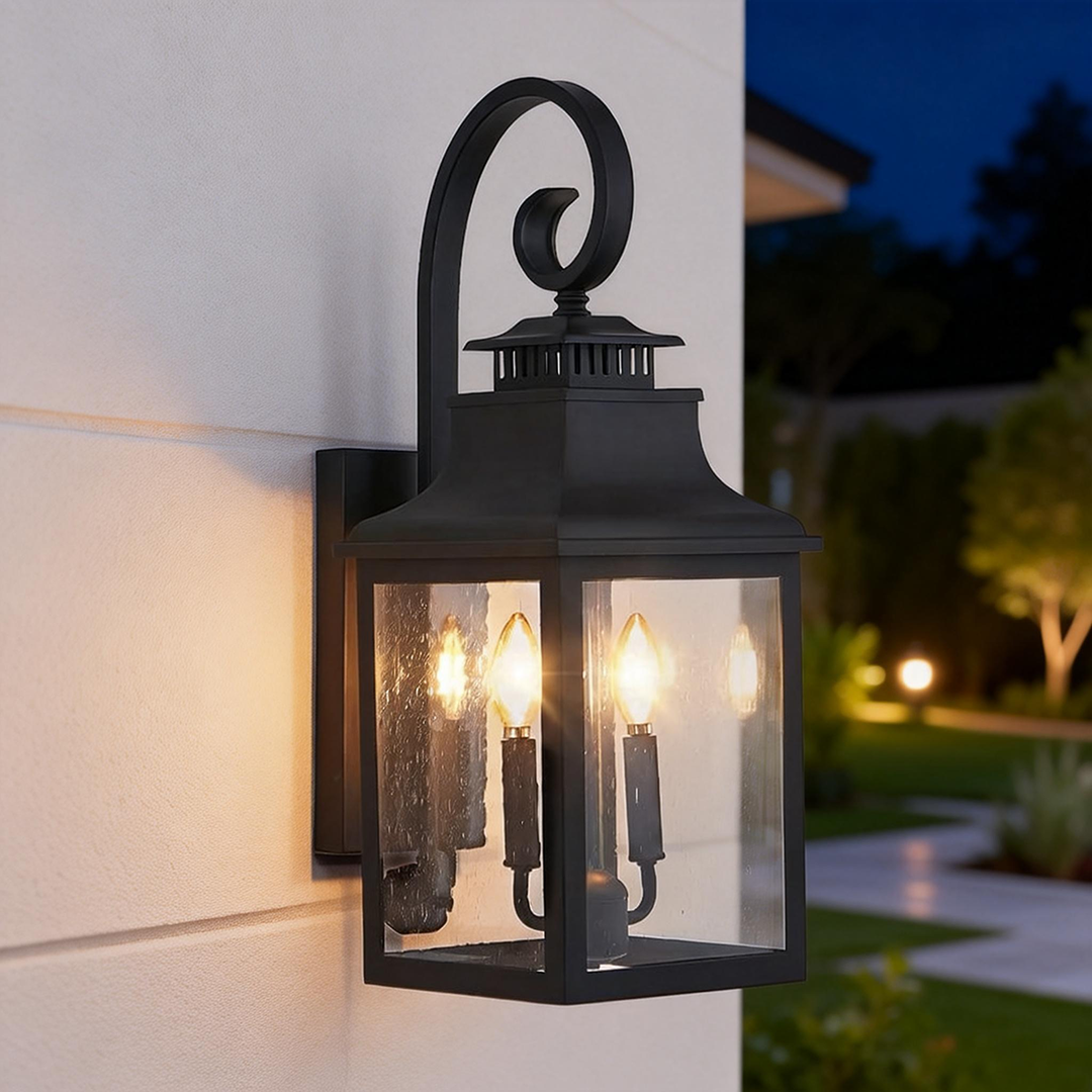 Outdoor Wall Lantern Light Vintage Black Metal Sconce with Clear Seeded Glass