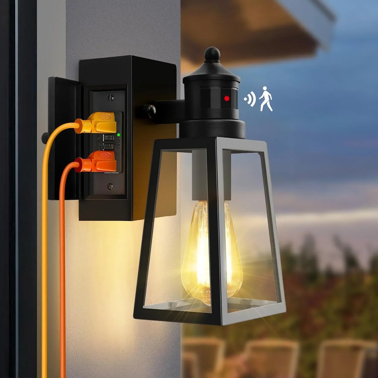 OKELI Porch Light with GFCI Outlet, Motion Sensor Dusk to Dawn Outdoor Wall Lights, 3 Lighting Modes - okeli lights