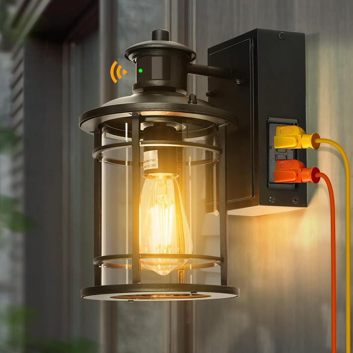 Porch Lights with GFCI Outlet, Dusk to Dawn Motion Sensor Outdoor Wall Lights